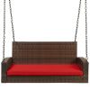 Brown Wicker Hanging Patio Porch Swing Bench w/ Mounting Chains and Red Seat Cushion