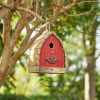 Vintage Farmhouse Style Red Solid Wood Outdoor Birdhouse