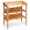 Solid Wood Outdoor Garden Bench Table with Bottom Storage Shelves and Metal Top