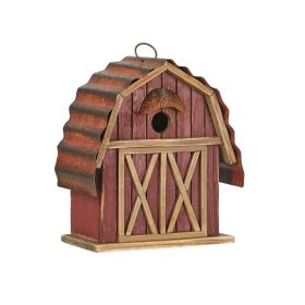 Outdoor Red Wood & Metal Barn Style Hanging Birdhouse