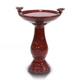 Outdoor Dark Red Ceramic Birdbath In Antique Finish