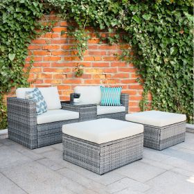 5 Pieces Outdoor Patio Wicker Sofa Set Grey Rattan and Beige Cushion with Weather Protecting Cover