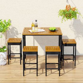 5-Piece Outdoor Patio Wicker Bar Set; Garden PE Rattan Wicker Dining Table; Square Stool Set; Foldable Tabletop; Acacia Wood Tabletop;  High-Dining