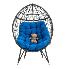 COOLMORE Outdoor Patio Wicker Egg Chair Indoor Basket Wicker Chair with Blue Cusion for Backyard Poolside