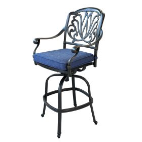 Patio Outdoor Aluminum Swivel Bar Stool with Cushion, Set of 2, Navy Blue