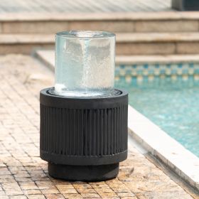 Round Black Cement Ribbed Outdoor Water Fountain With Light