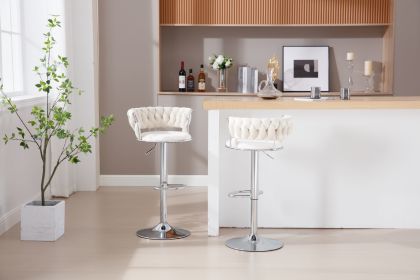 Set of 2 Bar Stools,with Chrome Footrest and Base Swivel Height Adjustable Mechanical Lifting Velvet + Bar Stool-BEIGE