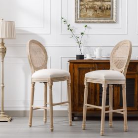 French Country Wooden Barstools Rattan Back With Upholstered Seating , Beige and Natural ,Set of 2