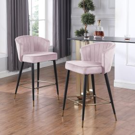 Contemporary Velvet Upholstered Counter Height Stool with Deep Channel Tufting and Gold Tipped; Black Metal Legs; 20" W x 21" D x 36.5" H; Light Pink