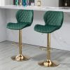 Green Velvet Adjustable Swivel Bar Stools Set Of 2 Modern Counter Height Barstools With Golden Color Base