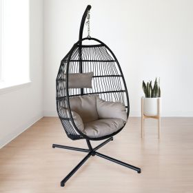 Hanging Egg Chair with Stand Outdoor Patio Swing Egg Chair Indoor Folding Egg Chair; Waterproof Cushion; Folding Rope Back; Heavy Duty C-Stand; 330LBS