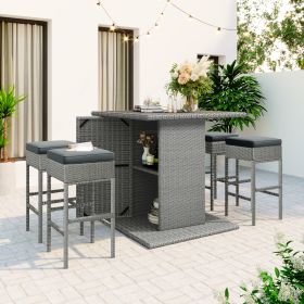 Patio 5-Piece Rattan Dining Table Set, PE Wicker Square Kitchen Table Set with Storage Shelf and 4 Padded Stools for Poolside, Garden