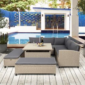 6-Piece Patio Furniture Set Outdoor Wicker Rattan Sectional Sofa with Table and Benches for Backyard;  Garden;  Poolside