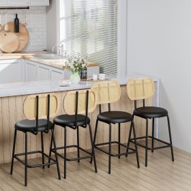 Rattan Bar Stool, Indoor Leather Bar Stools Set of 4, Counter Height Bar Stools with Metal Leg & Rattan Backrest