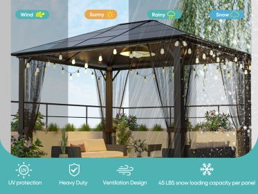 10x12 Hardtop Metal Gazebo,Heavy Duty Pergola with Mosquito Nets,Galvanized Steel&Polycarbonate Roof,Sturdy Outdoor Canopies Tent,Suitable for Gardens