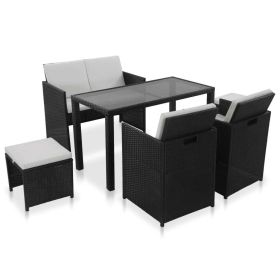 6 Piece Outdoor Dining Set with Cushions Poly Rattan Black