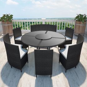 7 Piece Patio Dining Set With Cushions Poly Rattan Black