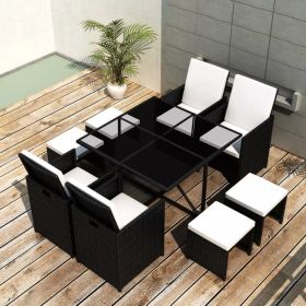 9 Piece Outdoor Dining Set with Cushions Poly Rattan Black