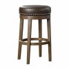 Round Swivel Bar Stools Set of 2, Brown Faux Leather 360-degree Swivel Seat Nailhead Trim Solid Wood Frame Brown Finish Furniture