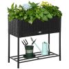 Outsunny Raised Garden Bed, Elevated Planter Box with Rattan Wicker Look, Tool Storage Shelf, Portable Design for Herbs, Vegetables, Flowers, Black