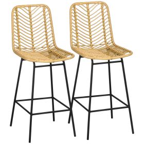 HOMCOM Rattan Bar Stools Set of 2, 26" Counter Height Barstools, Boho Kitchen Island Stools with Breathable Wicker Seat and Back, Yellow