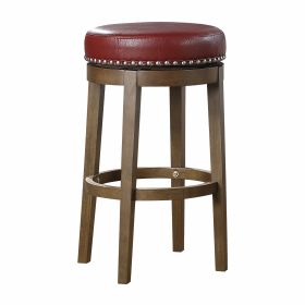 Round Swivel Bar Stools Set of 2, Red Faux Leather 360-degree Swivel Seat Nailhead Trim Solid Wood Frame Brown Finish Furniture