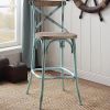 Antique Turquoise and Antique Oak Bar Stool with Cross Back