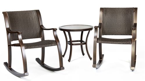 3-Piece Bistro Dining Set W/ Glass Table Top & Wicker Rocker