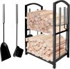 Firewood Rack Indoor with 4pcs Fireplace Tools Set,Iron Wood Rack for Firewood Storage,Log Holder for Outdoor Fire Pit and Wood Stove with Poker,Brush