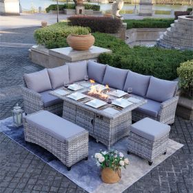 5-Piece Grey Wicker Outdoor Sofa Set With Fire Pit Table & Ottoman