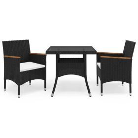 3 Piece Garden Dining Set Black Poly Rattan and Acacia Wood