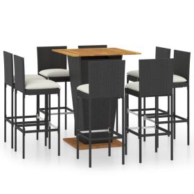 9 Piece Patio Bar Set with Cushions Poly Rattan Black