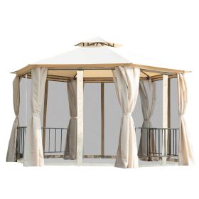 13' x 13' Patio Gazebo, Double Roof Hexagon Outdoor Gazebo Canopy Shelterwith Netting & Curtains, Solid Steel Frame for Garden, Lawn