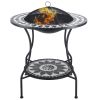 30" Outdoor Fire Pit Dining Table, 3-in-1 Round Wood Burning Fire Pit Bowl, Patio Ice Bucket with Storage Shelf, Spark Screen Cover for BBQ, Bonfire