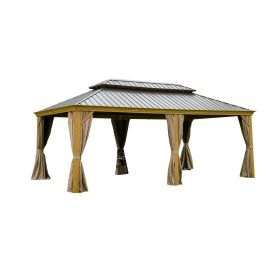 12'x20' Hardtop Gazebo Outdoor Aluminum Wood Grain Gazebos with Galvanized Steel Double Canopy for Patios Deck Backyard