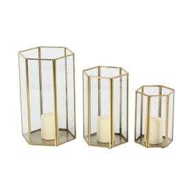 Cosmoliving by Cosmopolitan Set of 3, 6", 8", 10"H Modern Glass Candle Holder/Lantern with Hexagon Silhouette