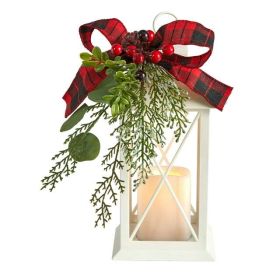 Nearly Natural 12" Holiday Lantern with Berries, Pine Artificial Christmas Arrangement, Green