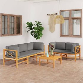 6 Piece Patio Lounge Set with Gray Cushions Solid Teak Wood