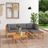 5 Piece Patio Lounge Set with Gray Cushions Solid Teak Wood