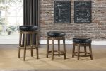 Round Swivel Bar Stool Set of 2, Black Faux Leather 360-degree Swivel Seat Nailhead Trim Solid Wood Frame Brown Finish Transitional Style Furniture