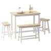 Modern Bar Dining Table Set for 4 All Rubber Wood Kitchen Bistro Counter Height Table Bench Stool for Dining Room Small Space Natural Color & White