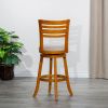 30" Bar Height Slat Back Swivel Stool, Natural Finish, Beige Fabric Seat