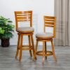 30" Bar Height Slat Back Swivel Stool, Natural Finish, Beige Fabric Seat