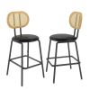 Rattan Bar Stool, Indoor Leather Bar Stools Set of 2, Counter Height Bar Stools with Metal Leg & Rattan Backrest