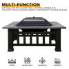 32in 3 in 1Multifunctional Fire Pit Table  Metal Square Patio Firepit Table BBQ Garden Stove with Spark Screen, Cover, Log Grate and Poker for Warmth,