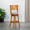 30" Bar Height Slat Back Swivel Stool, Natural Finish, Beige Fabric Seat