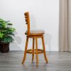 30" Bar Height Slat Back Swivel Stool, Natural Finish, Beige Fabric Seat