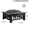 32in 3 in 1Multifunctional Fire Pit Table  Metal Square Patio Firepit Table BBQ Garden Stove with Spark Screen, Cover, Log Grate and Poker for Warmth,