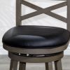 30" Bar Height X-Back Swivel Stool, Weathered Gray Finish, Black Leather Seat