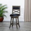 30" Bar Height X-Back Swivel Stool, Weathered Gray Finish, Black Leather Seat